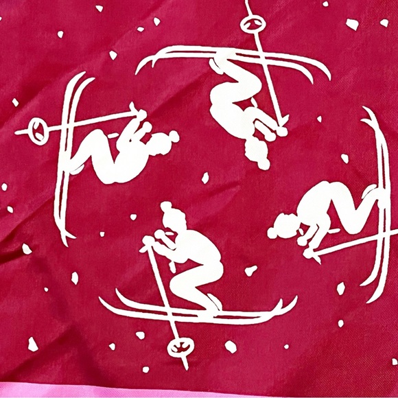 Vintage Burgundy Silk Scarf Women Skiing Winter Sports Retro White Pink Classic - Picture 3 of 8